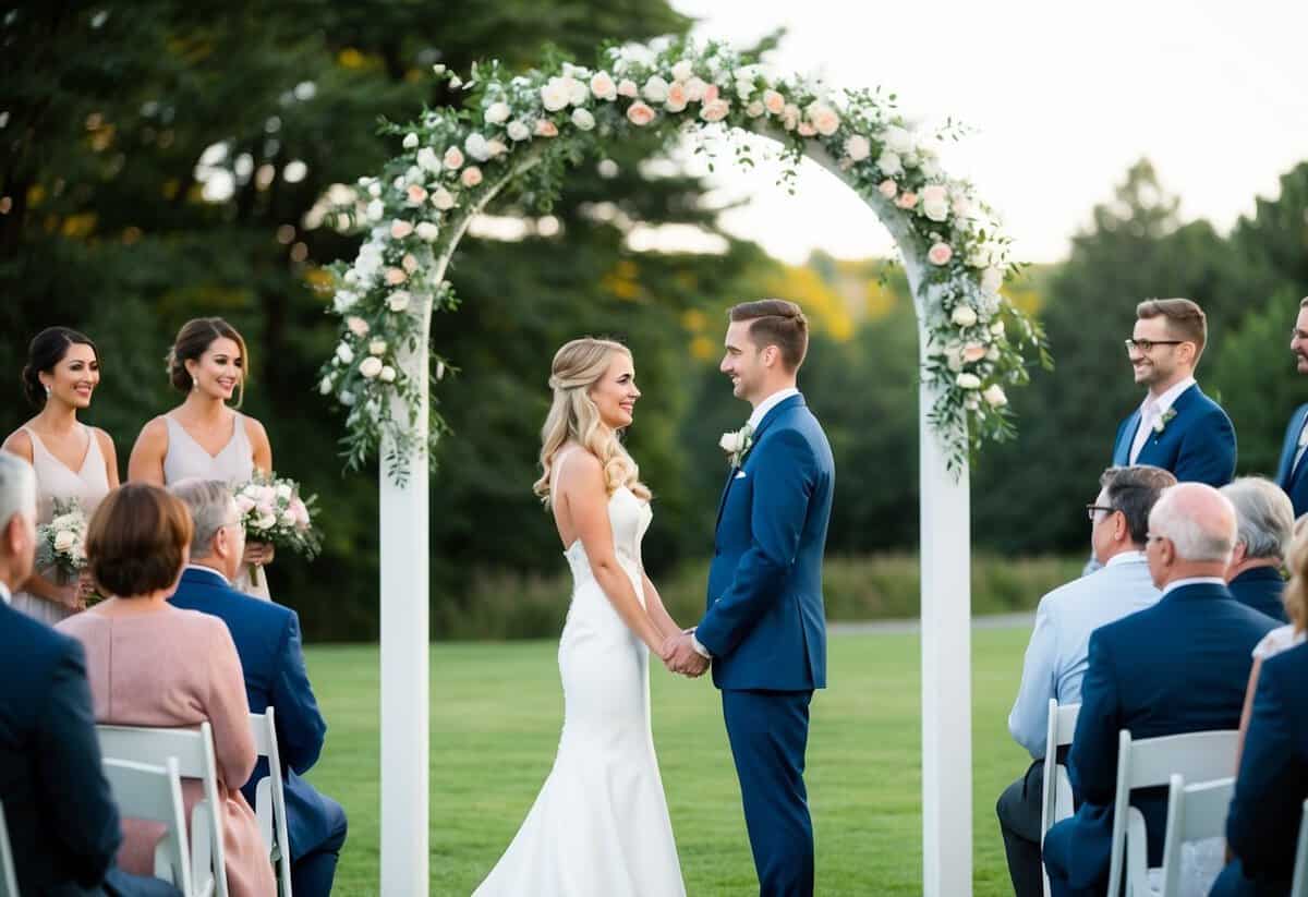 A bride and groom stand facing each other under a simple archway adorned with flowers, exchanging vows in front of a small group of guests