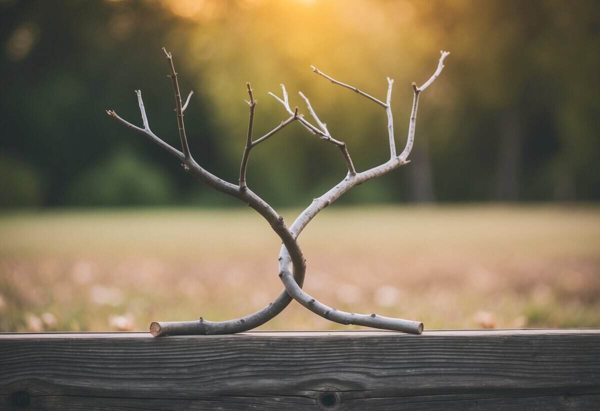 A serene outdoor setting with two intertwining branches, symbolizing unity and simplicity