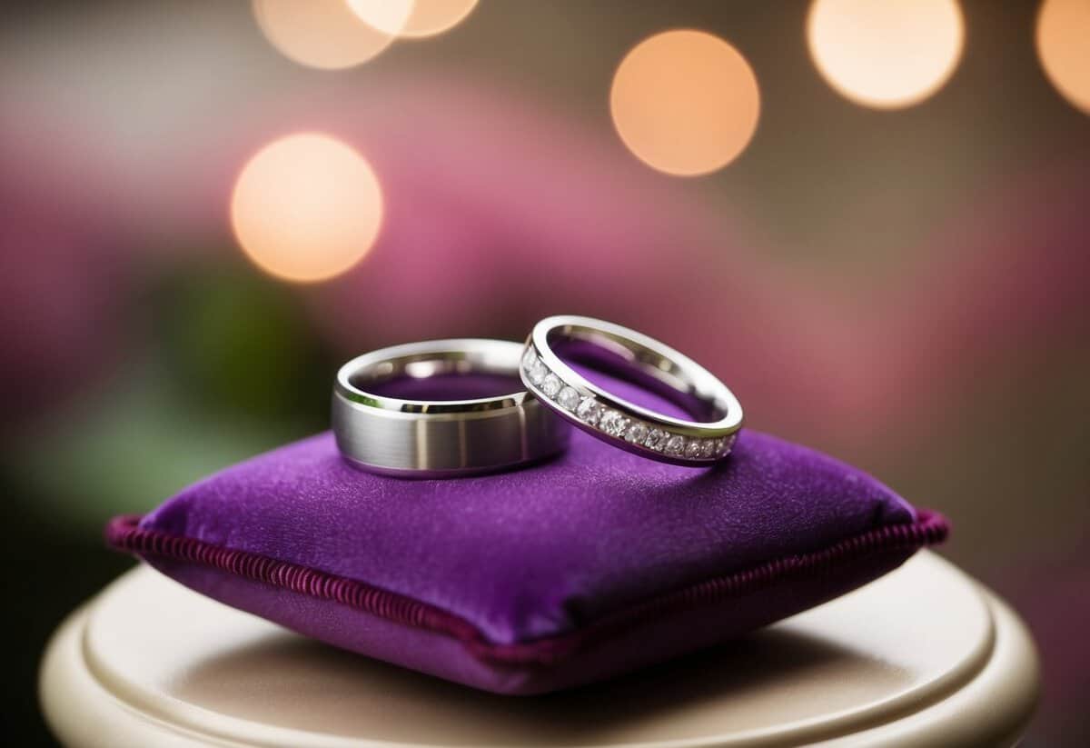 Two elegant wedding rings rest on a velvet cushion atop a small table