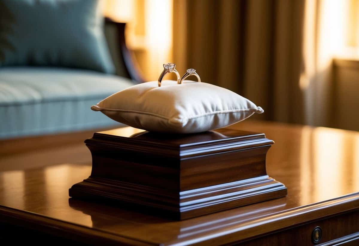 A small, ornate cushion sits atop a polished wooden pedestal, holding two gleaming rings. The setting is elegant and serene, with soft lighting casting a warm glow over the scene