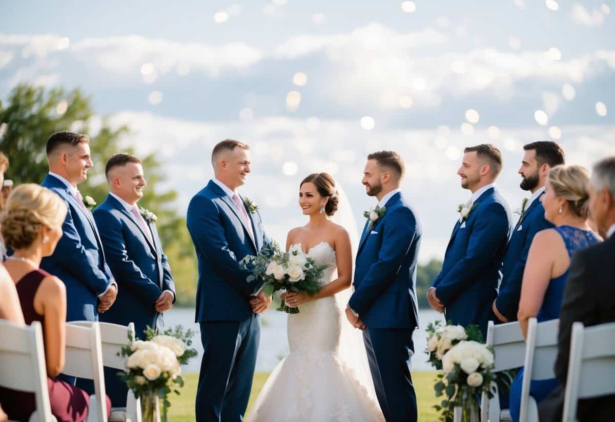 Men stand on bride's side at ceremony layout