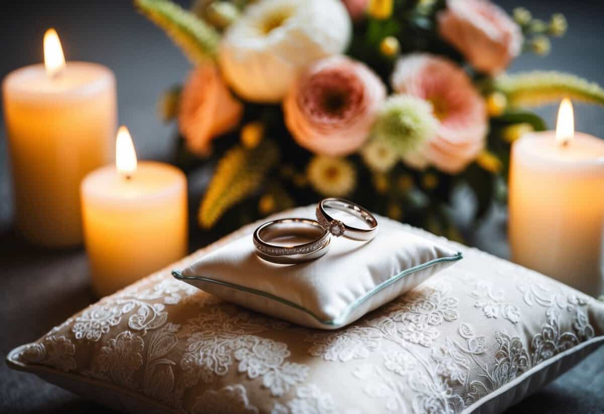 Two wedding rings placed on a decorative pillow, surrounded by floral arrangements and soft candlelight