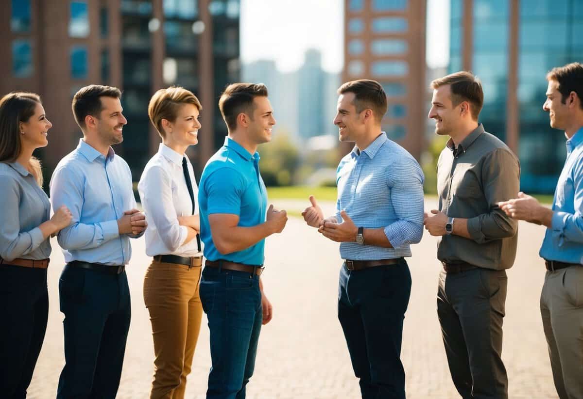 Two groups of people, one predominantly male, stand on opposite sides, facing each other. They appear to be engaged in a friendly conversation or debate