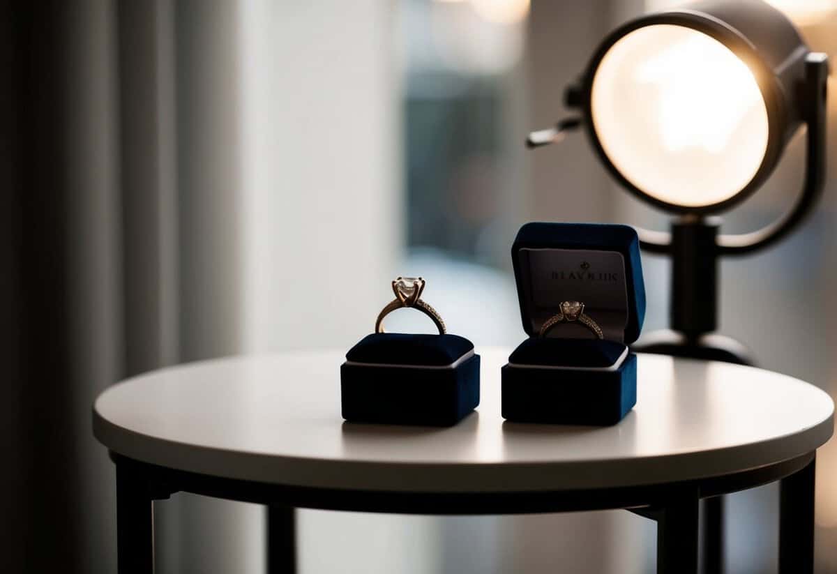 Two ring boxes on a small table, one slightly larger than the other, with a soft spotlight highlighting them