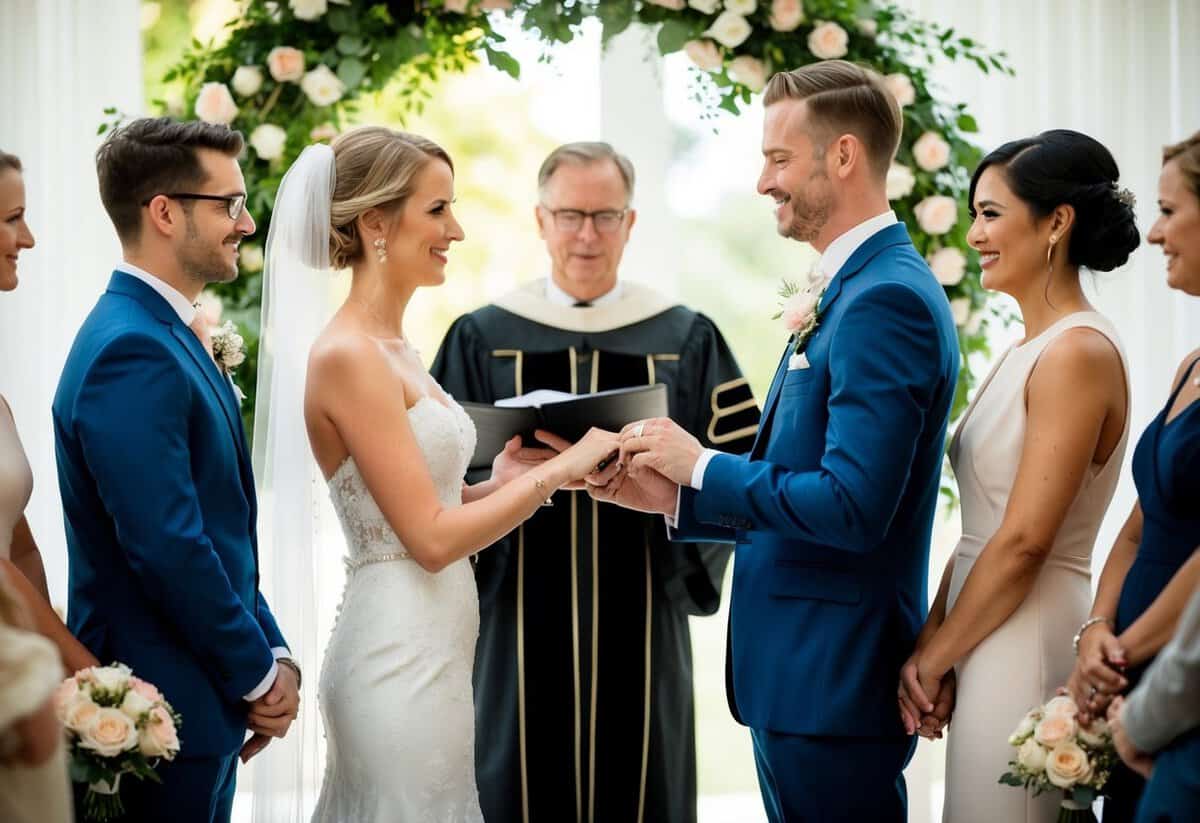 A bride and groom standing before an officiant, exchanging rings and making promises to each other in front of witnesses