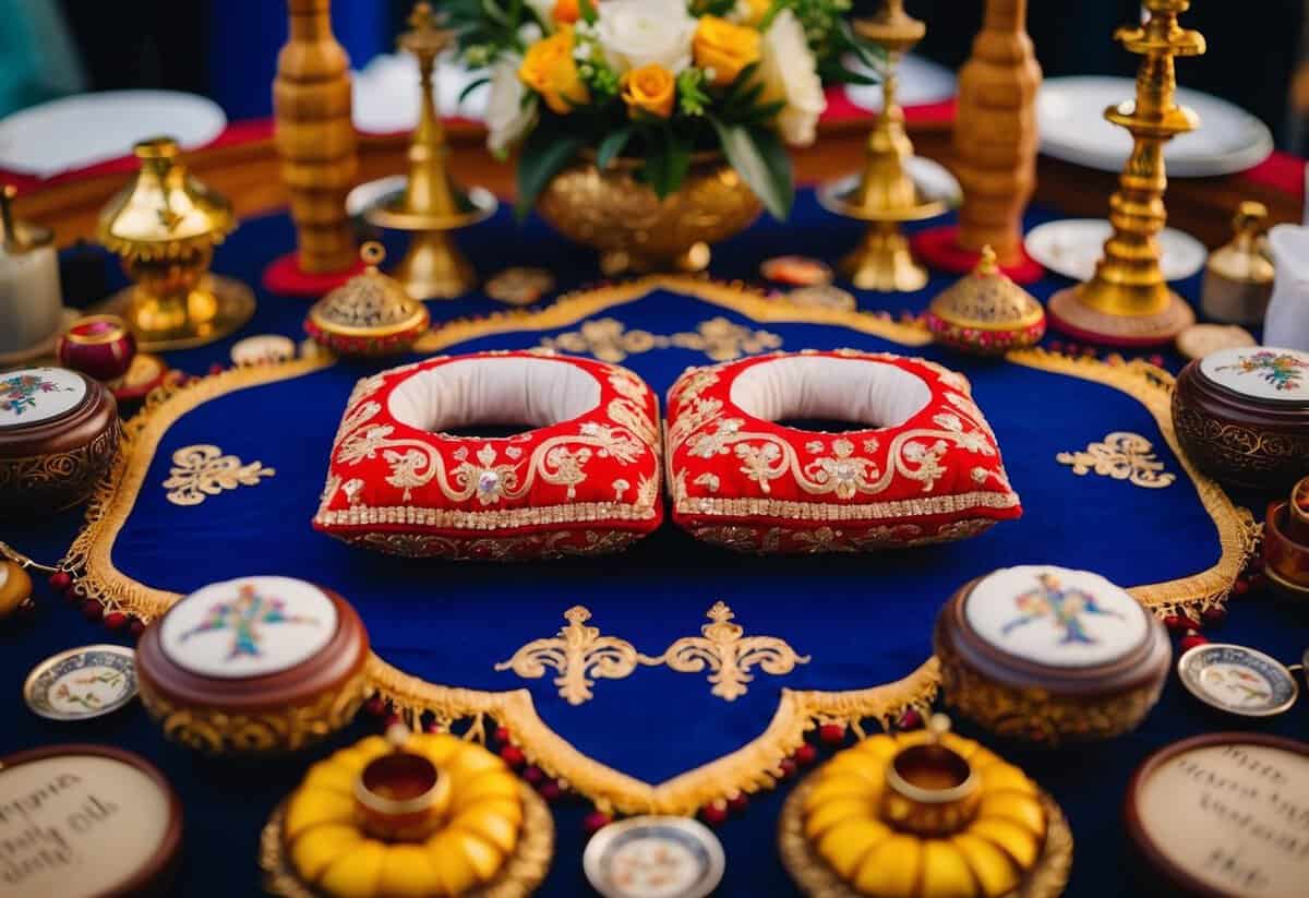 A pair of ornate ring pillows sit atop a traditional table, surrounded by symbolic objects and decorations representing the cultural significance and traditions of the ceremony