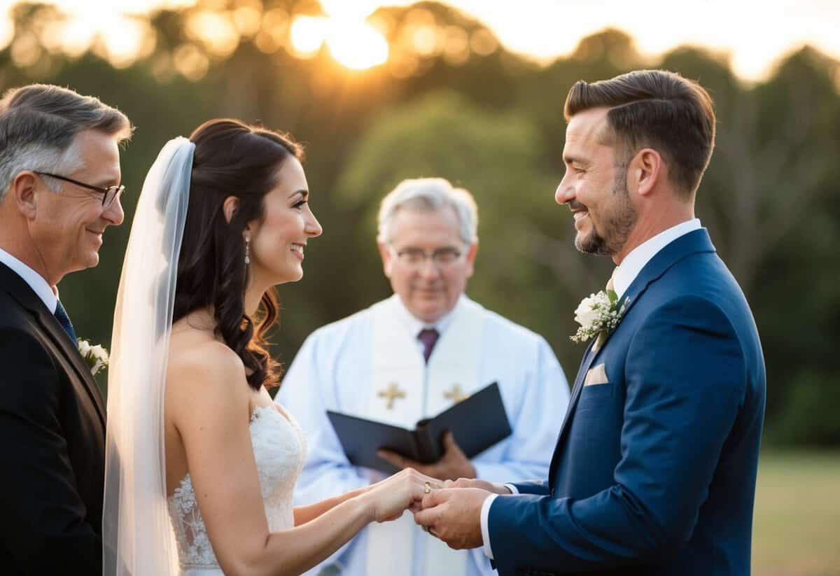 A couple standing before an officiant, exchanging vows with rings