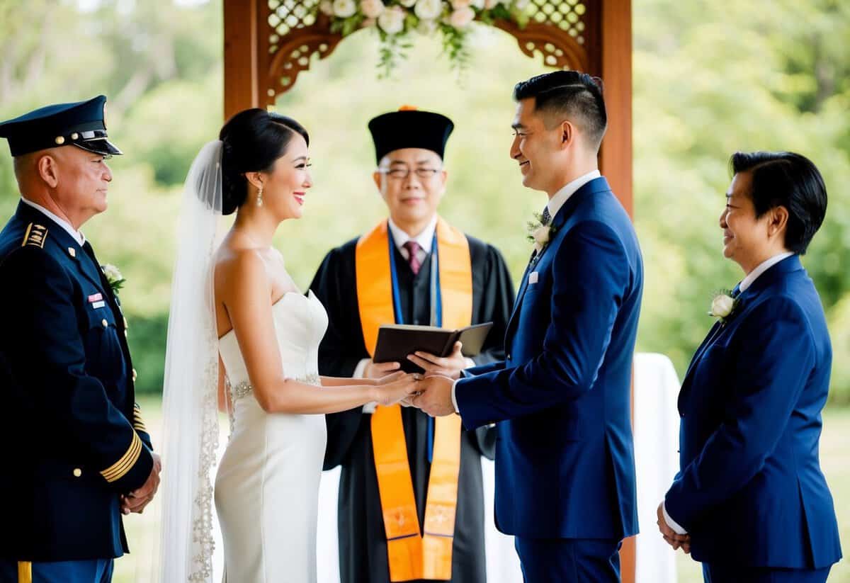 A couple standing before an official, exchanging vows in a traditional wedding ceremony