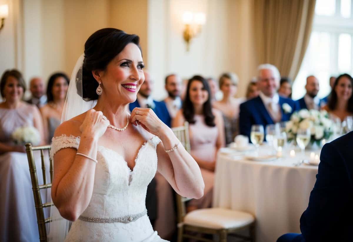 A mother is seated first at a wedding, adjusting her dress and smiling as she looks around the elegant venue