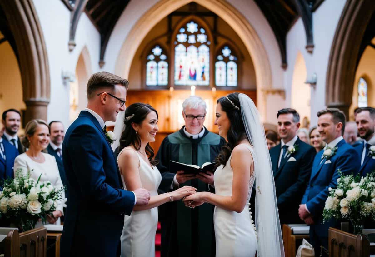 A wedding ceremony set in a traditional British church with a couple standing before an officiant, exchanging vows and rings