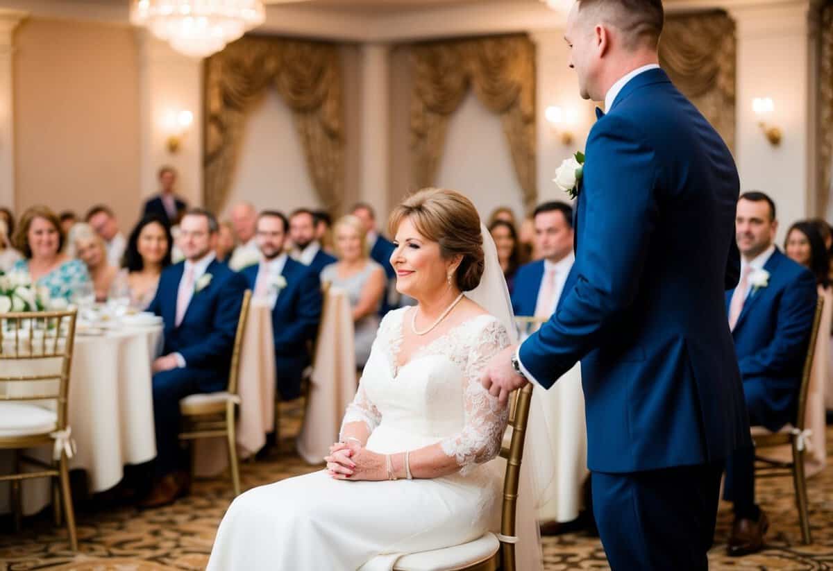 A mother is seated first at a wedding, guided by an usher to her designated seat in the elegantly decorated reception hall