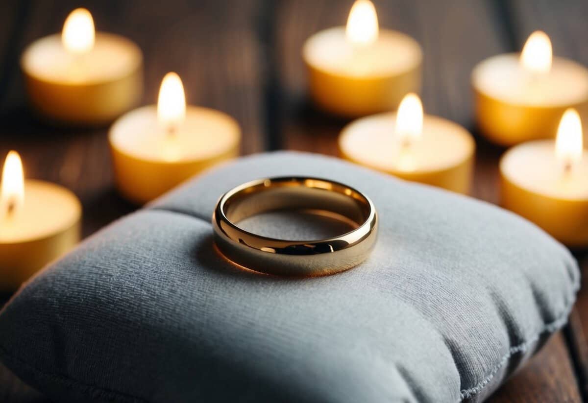 A gold ring on a cushioned surface, surrounded by soft candlelight
