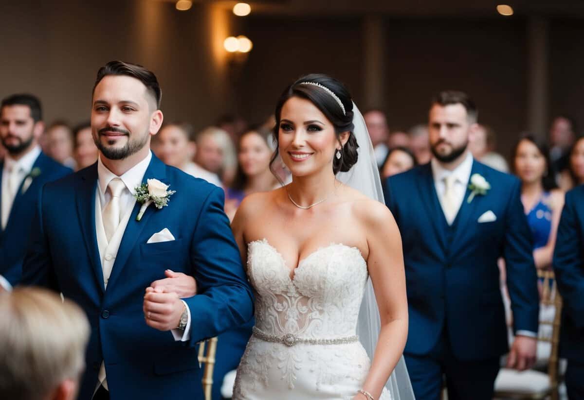 A woman in a formal dress is escorted to her seat by an usher at the front of the wedding processional