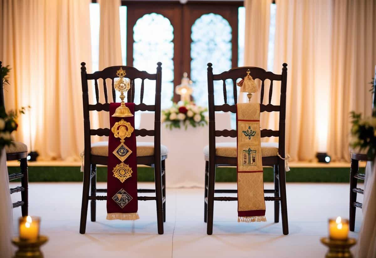 A traditional wedding ceremony with two empty chairs, one adorned with symbols of the mother's culture and religion, indicating her seat of honor