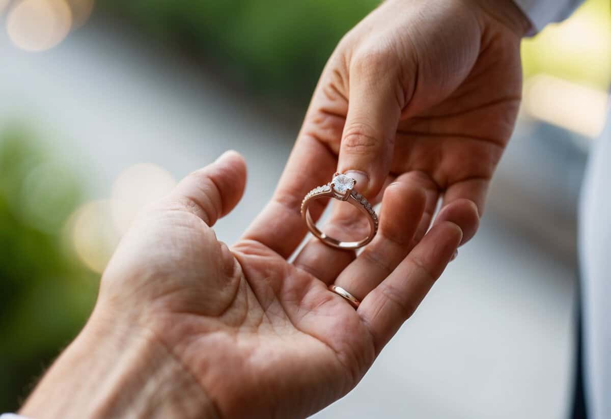 A hand reaches out, a wedding ring held delicately between two fingers, ready to be placed on a waiting finger