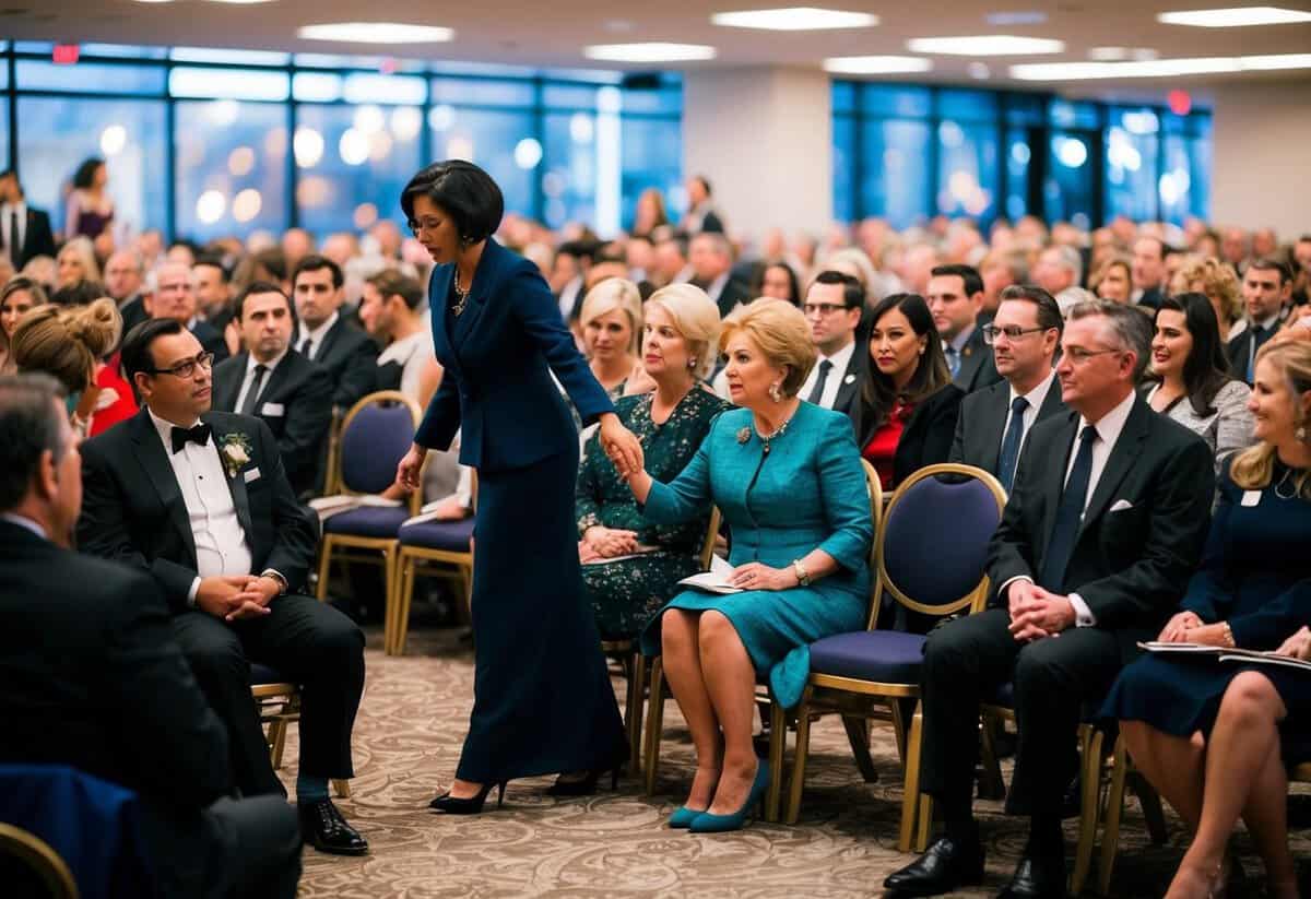 Guests seated in rows of chairs, a designated mother is guided to her seat by an usher, while others wait nearby