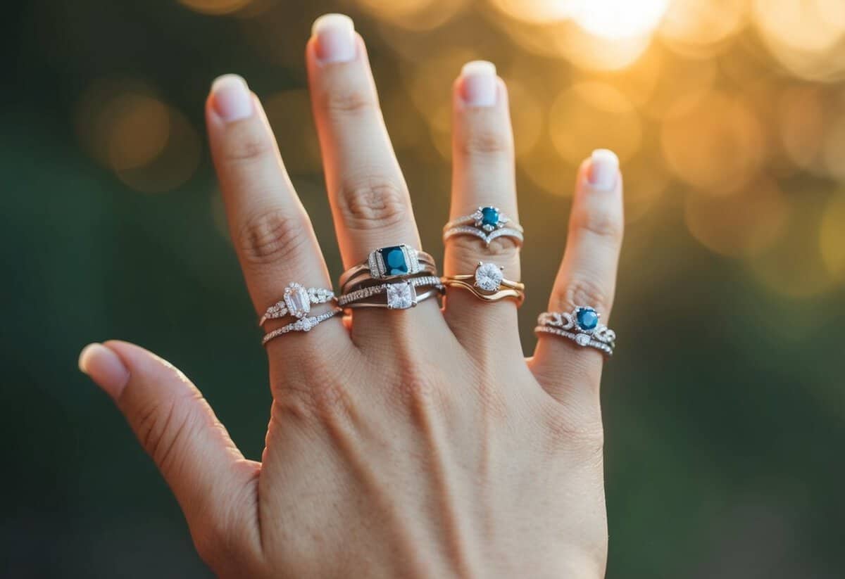 A hand with various rings on different fingers, symbolizing individual meanings and significance