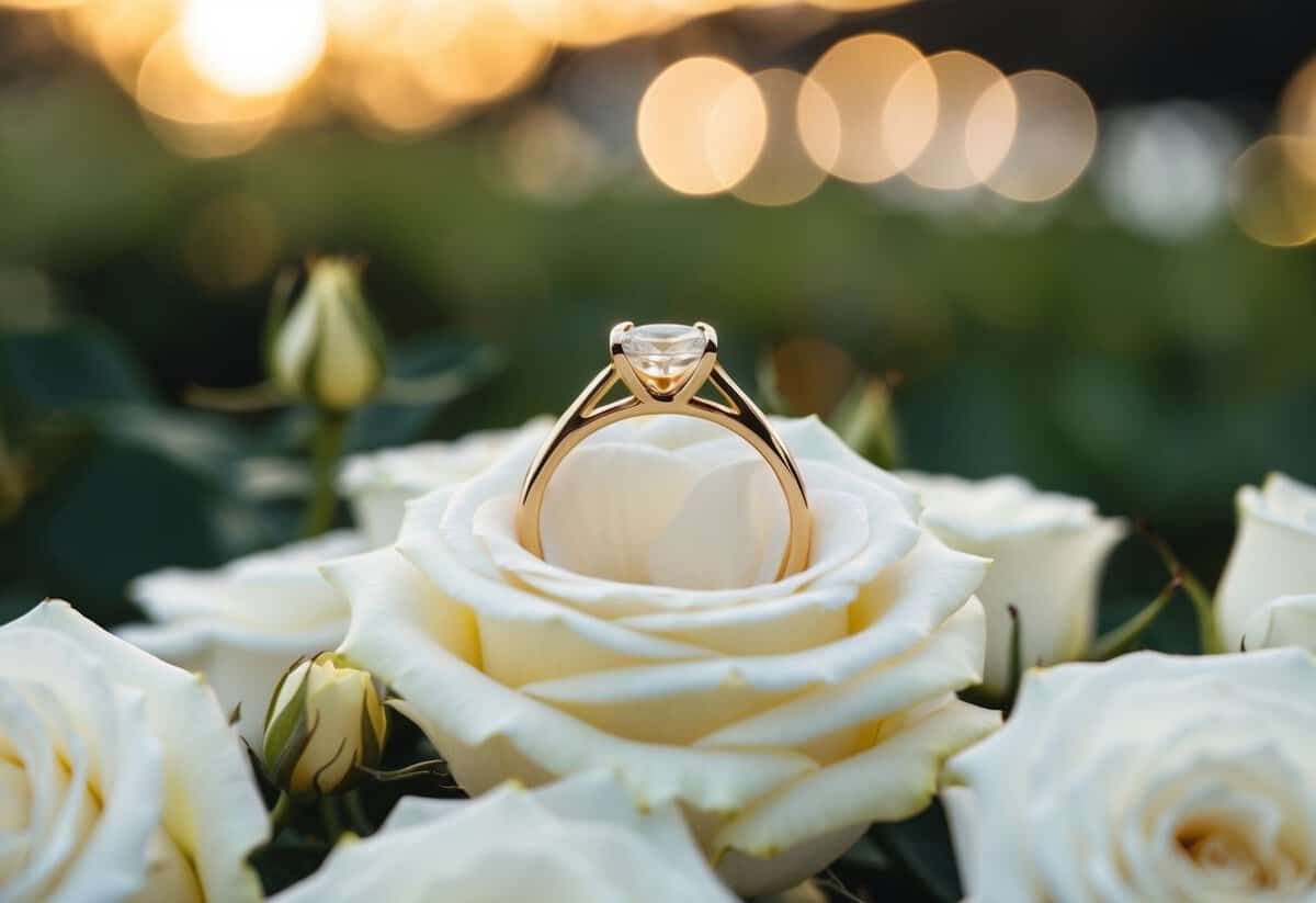 A golden ring resting on a bed of white roses