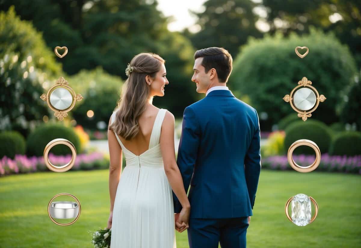 A couple standing in a serene garden, facing each other with intertwined rings, surrounded by symbolic elements of their relationship