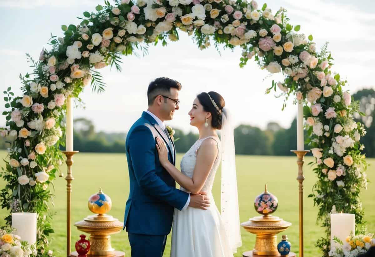 A couple standing beneath a floral arch, surrounded by symbolic objects representing their cultural traditions and beliefs