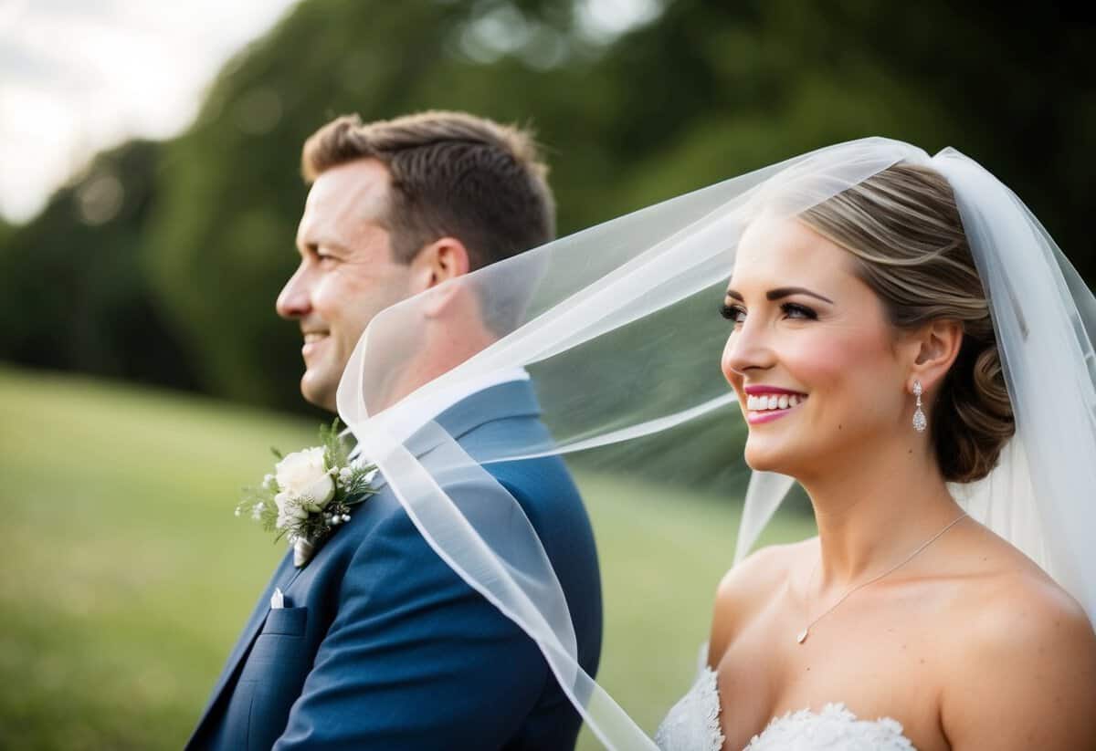 A gentle breeze lifts the bride's veil, revealing her radiant smile
