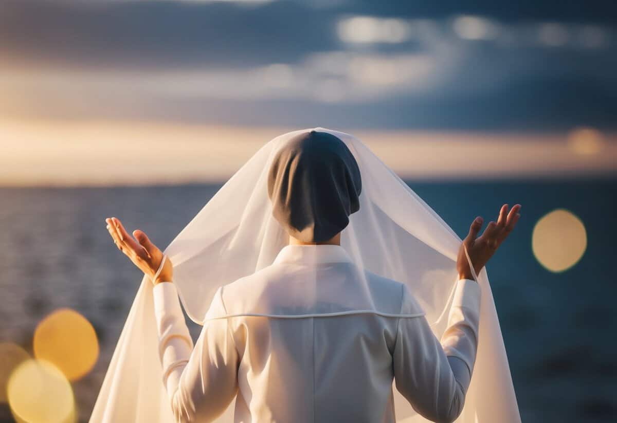 A figure stands behind a veiled form, ready to lift the fabric away with a gesture of anticipation and reverence