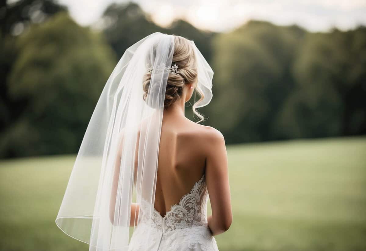 A bride stands with her back to the viewer, her veil lifted by an unseen force, revealing her bridal hairstyle