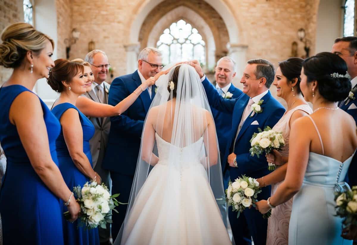 Family and wedding party gather around the bride, preparing to lift her veil