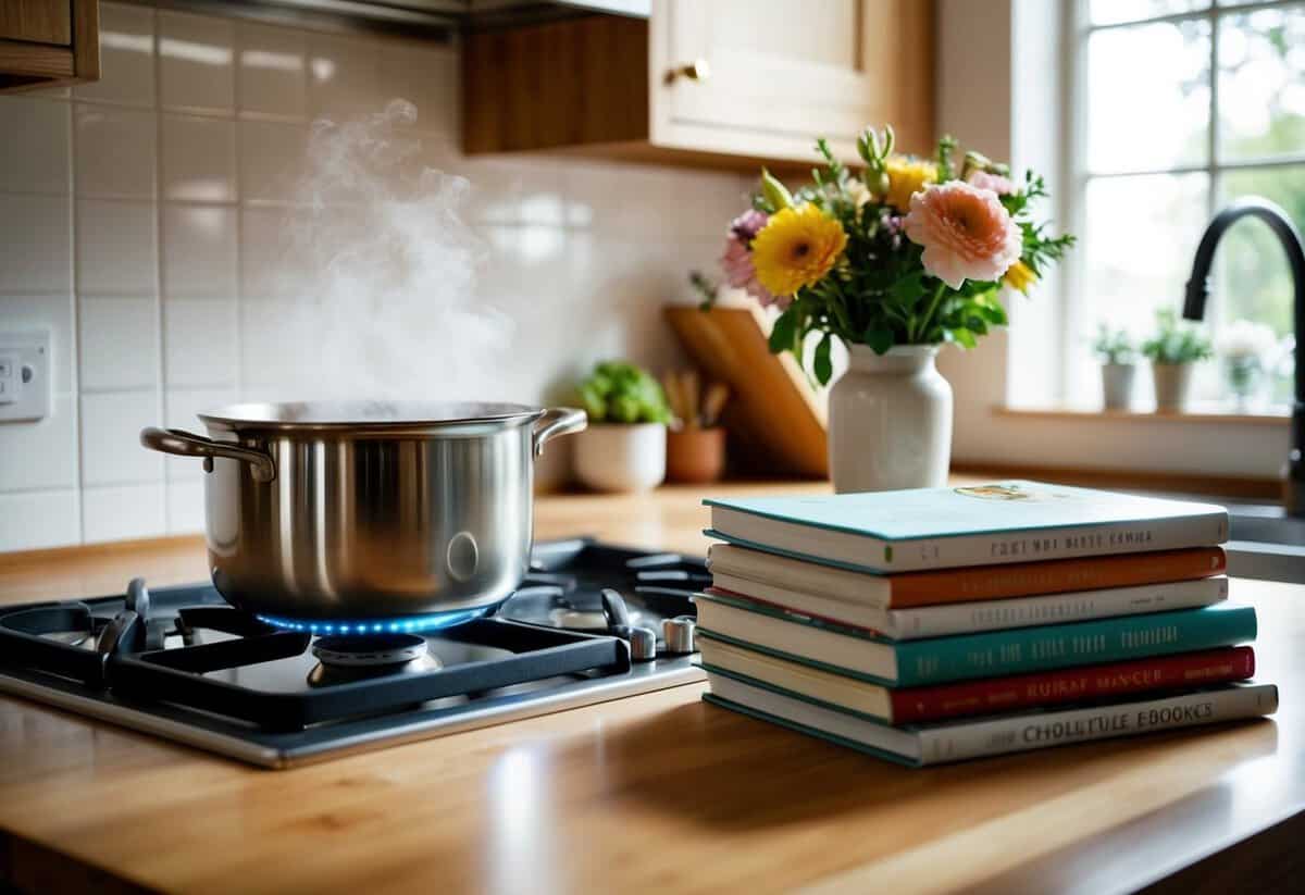 A cozy kitchen with a bubbling pot on the stove, a vase of fresh flowers, and a stack of cookbooks on the counter