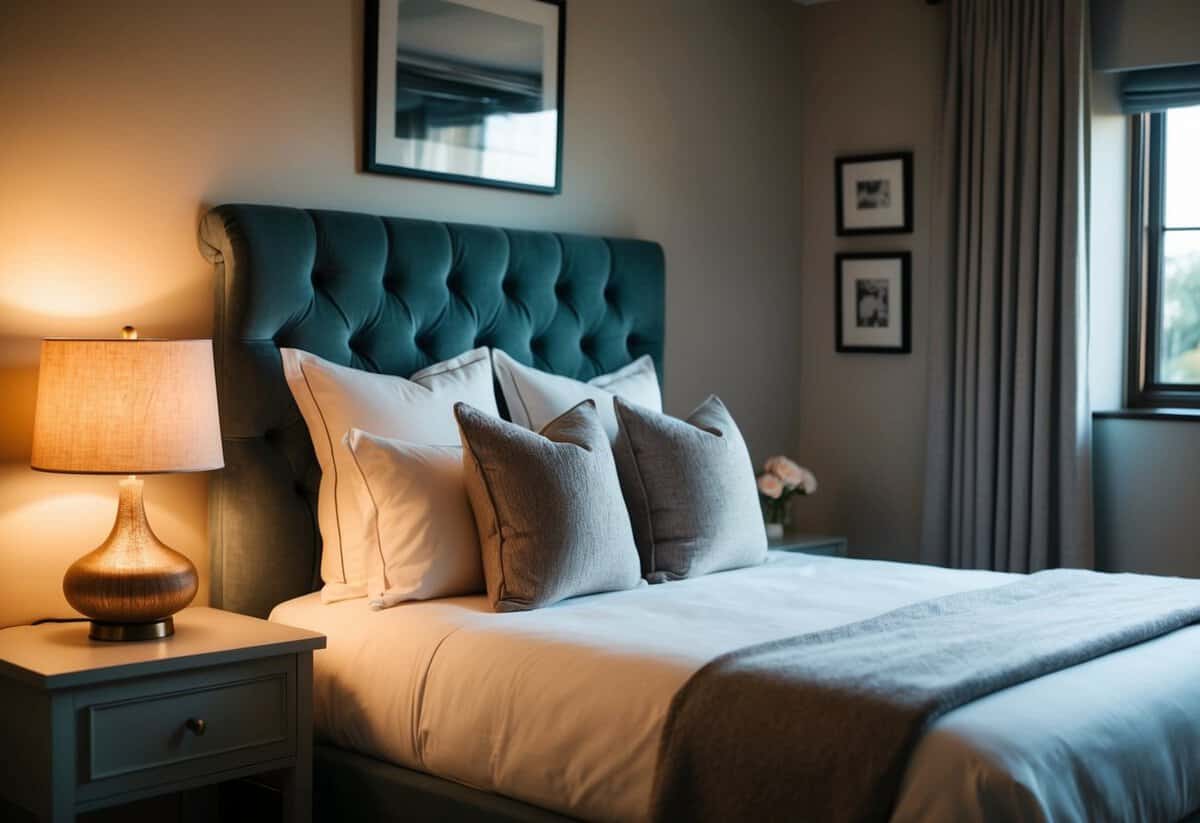 A cozy bedroom with a soft, inviting bed adorned with plush pillows and a warm, glowing lamp on a nightstand