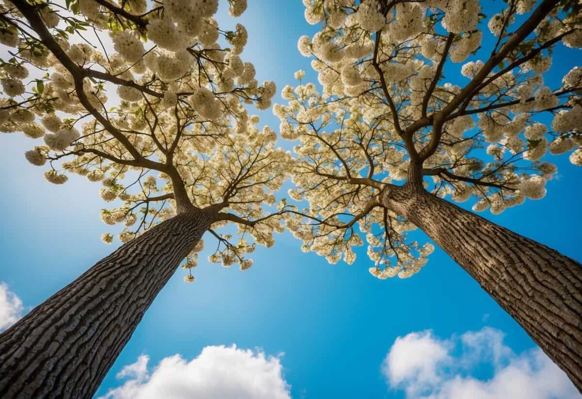 A blooming tree with two intertwined branches reaching towards the sky, symbolizing personal growth and partnership