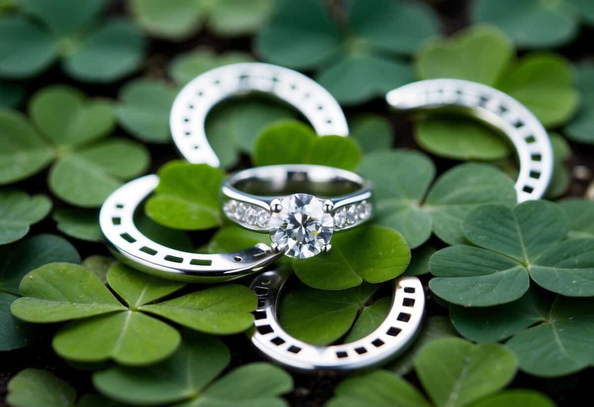 A wedding ring surrounded by four-leaf clovers and horseshoes