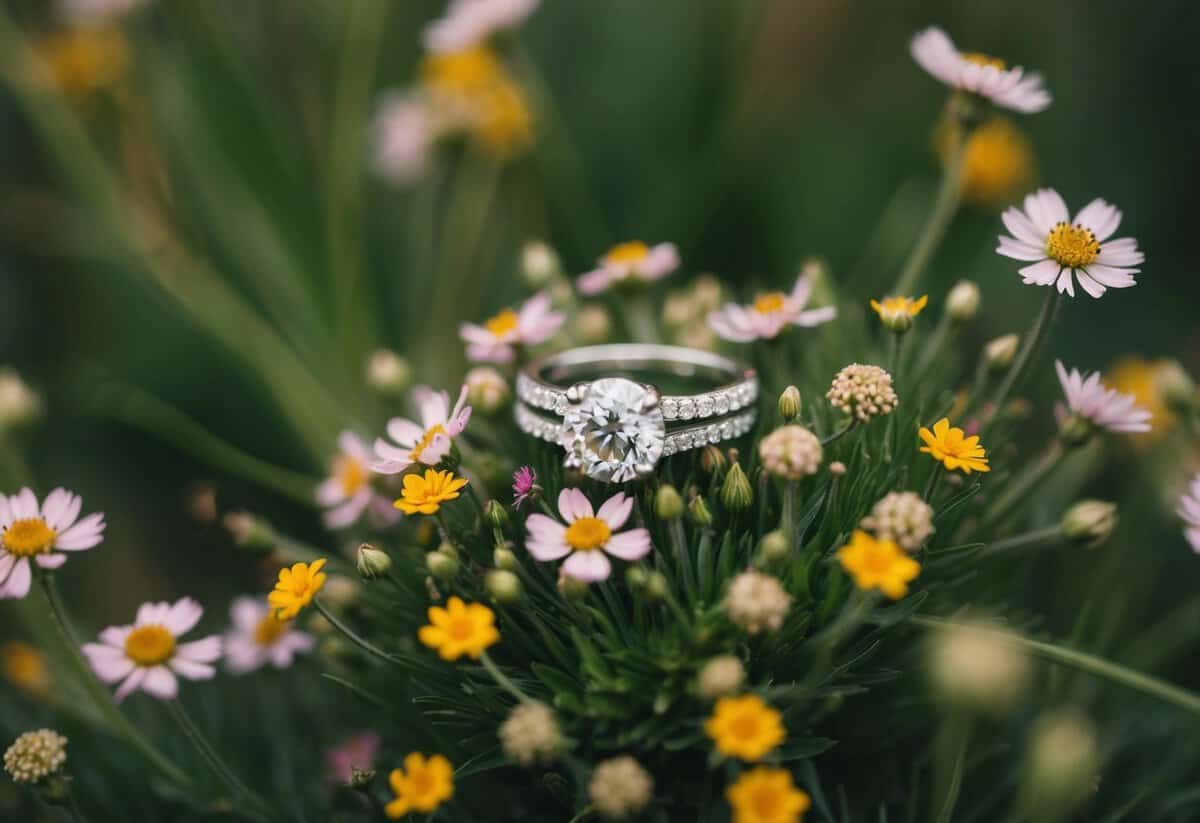 A wedding ring nestled among a cluster of delicate wildflowers