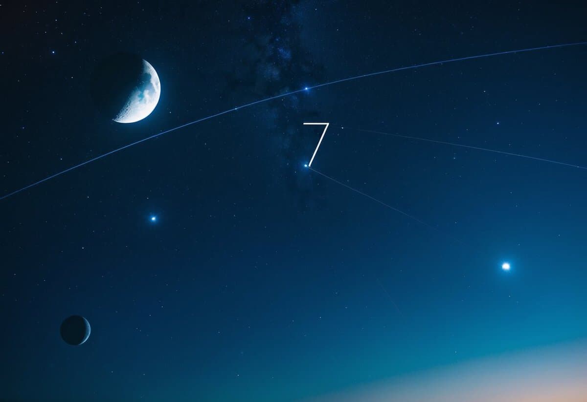 A night sky with a full moon surrounded by the alignment of stars and planets, with the number 7 shining brightly