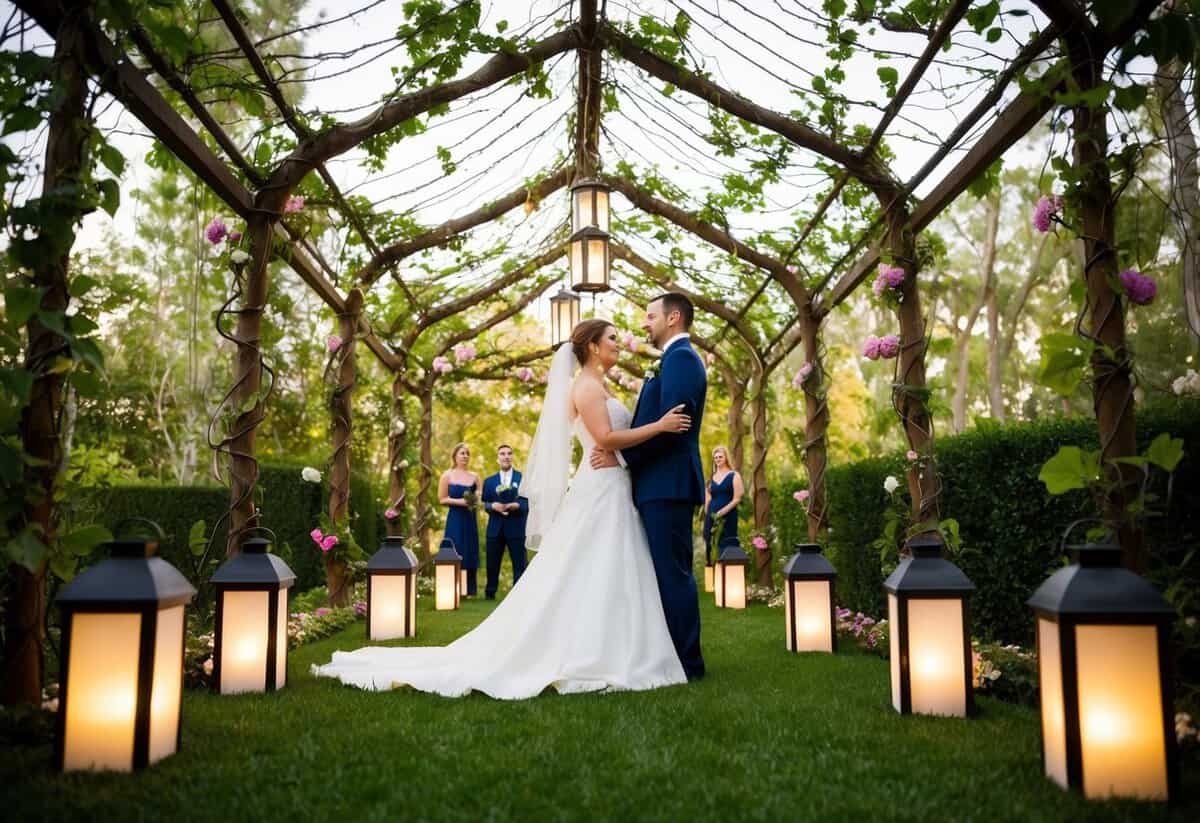 A bride and groom standing under a canopy of intertwined vines and flowers, surrounded by seven glowing lanterns