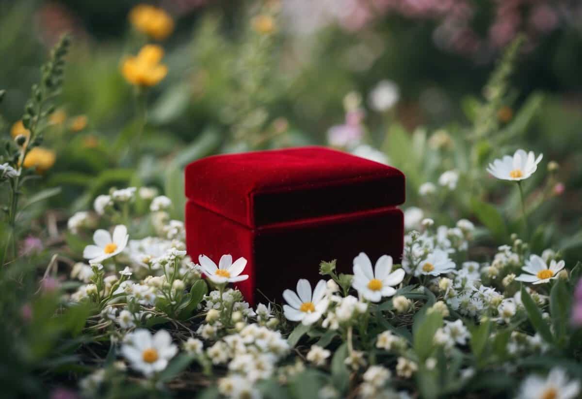 A small velvet box nestled in a bed of delicate flowers and greenery