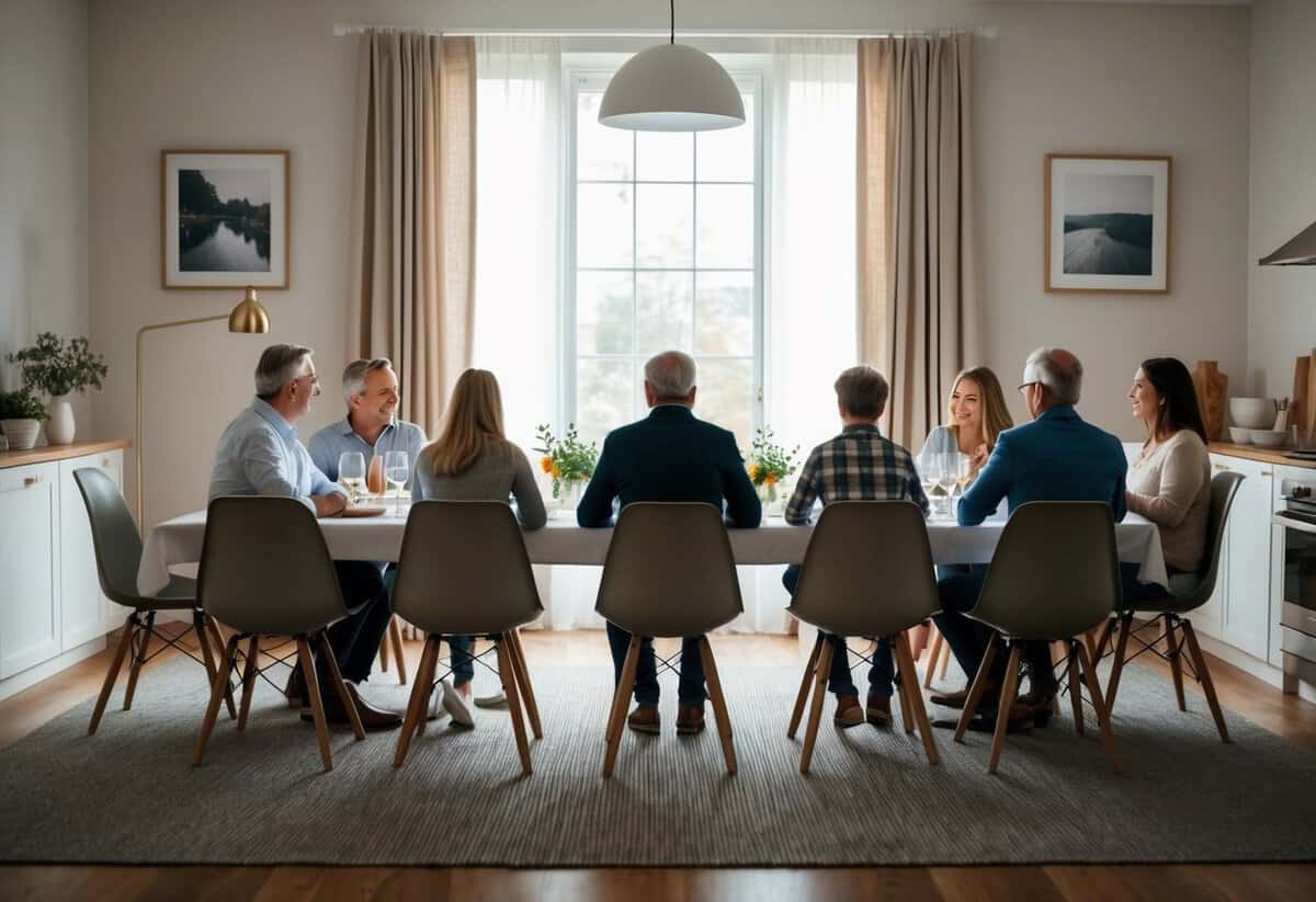 A cozy family dinner with six empty chairs around a table, each representing a potential partner for the central figure