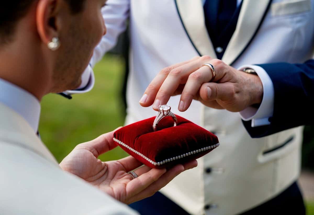 A best man presents the bride's ring on a velvet cushion
