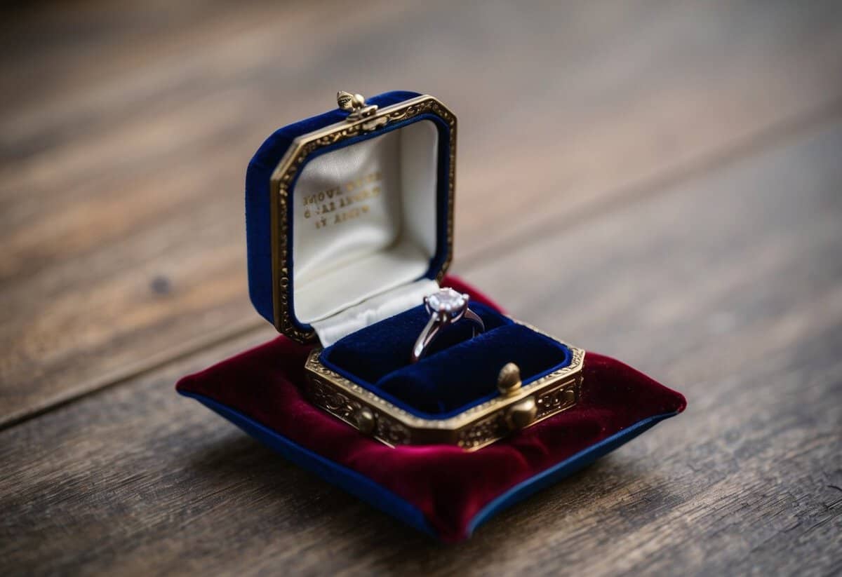 A small, ornate box lies open on a velvet cushion, holding the bride's ring