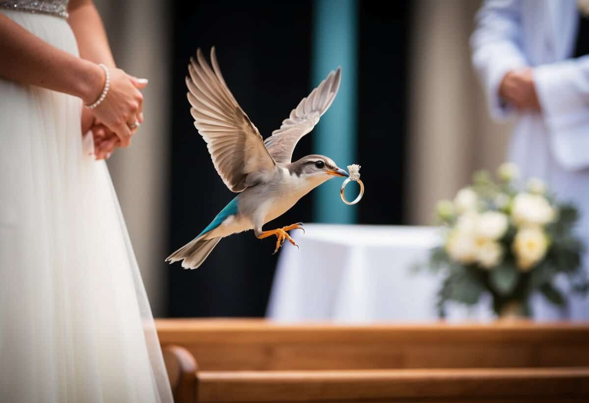 A small bird carries the bride's ring in its beak, flying towards the altar