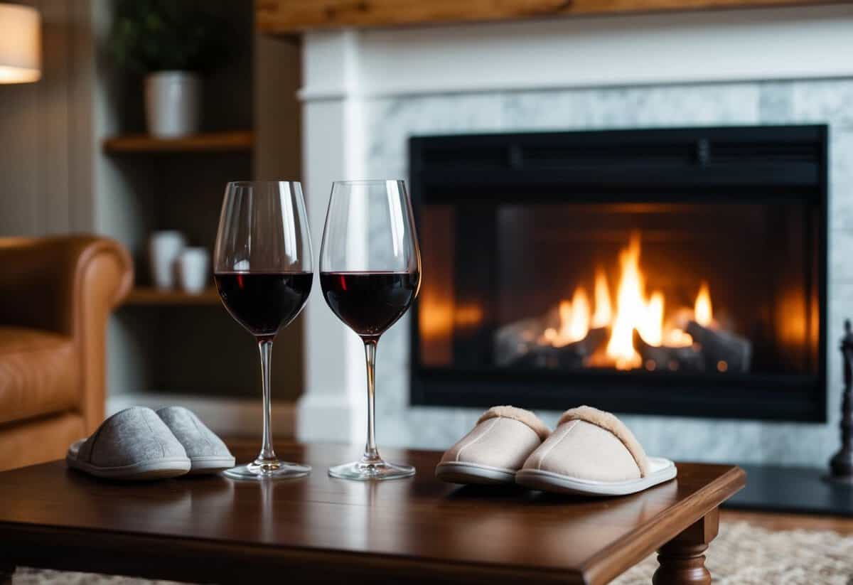A cozy living room with a crackling fireplace, two empty wine glasses, and a pair of well-worn slippers side by side