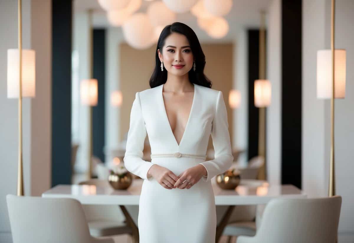 A woman standing in a modern, minimalist wedding setting, surrounded by sleek, elegant decor and soft, romantic lighting