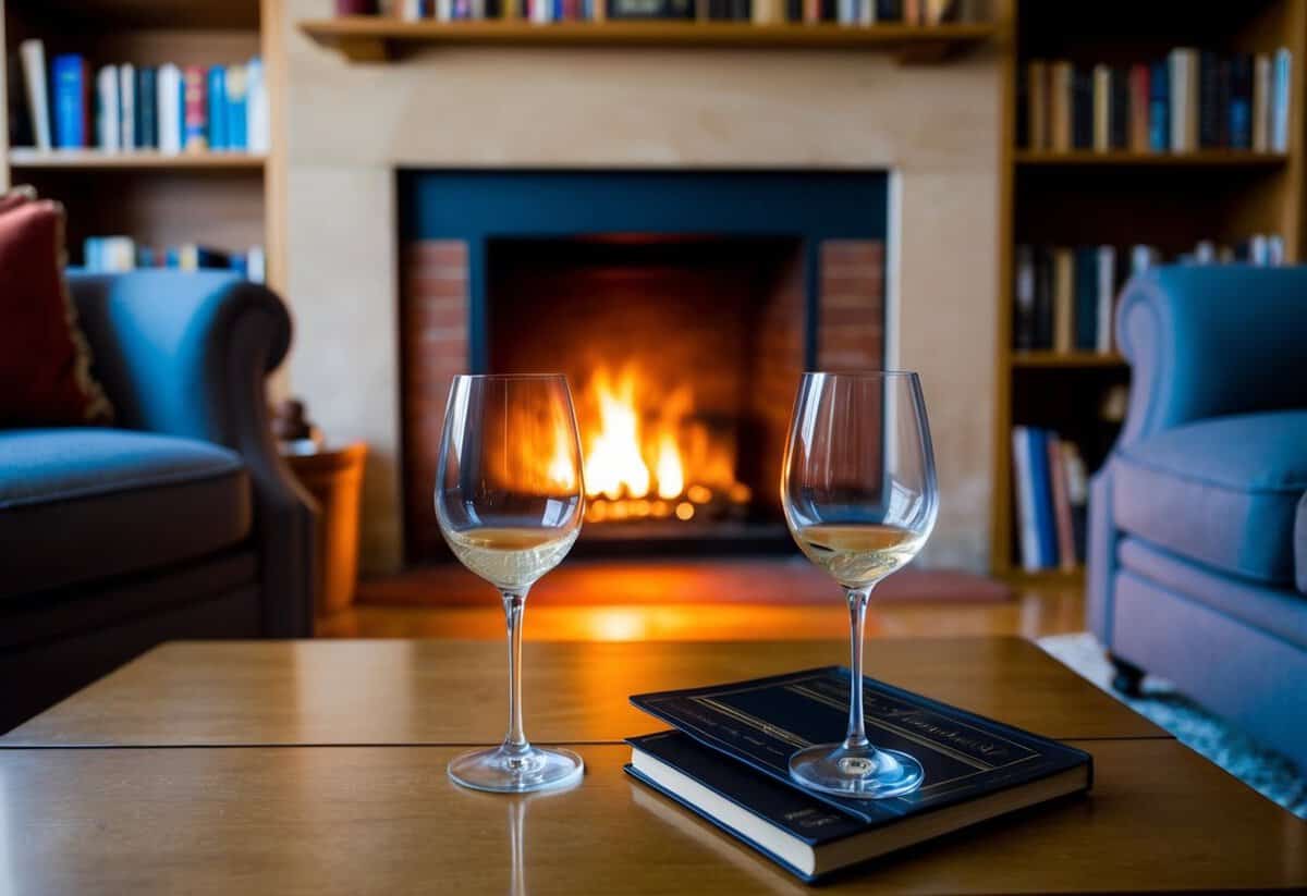 A cozy living room with two empty wine glasses on a coffee table, a crackling fireplace, and a bookshelf filled with well-loved novels