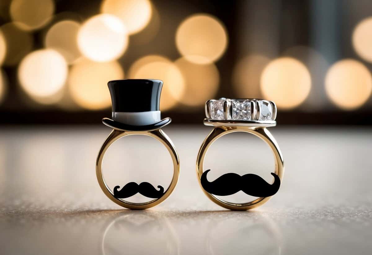 Two wedding rings on a table, one ring wearing a tiny top hat and the other ring wearing a funny mustache