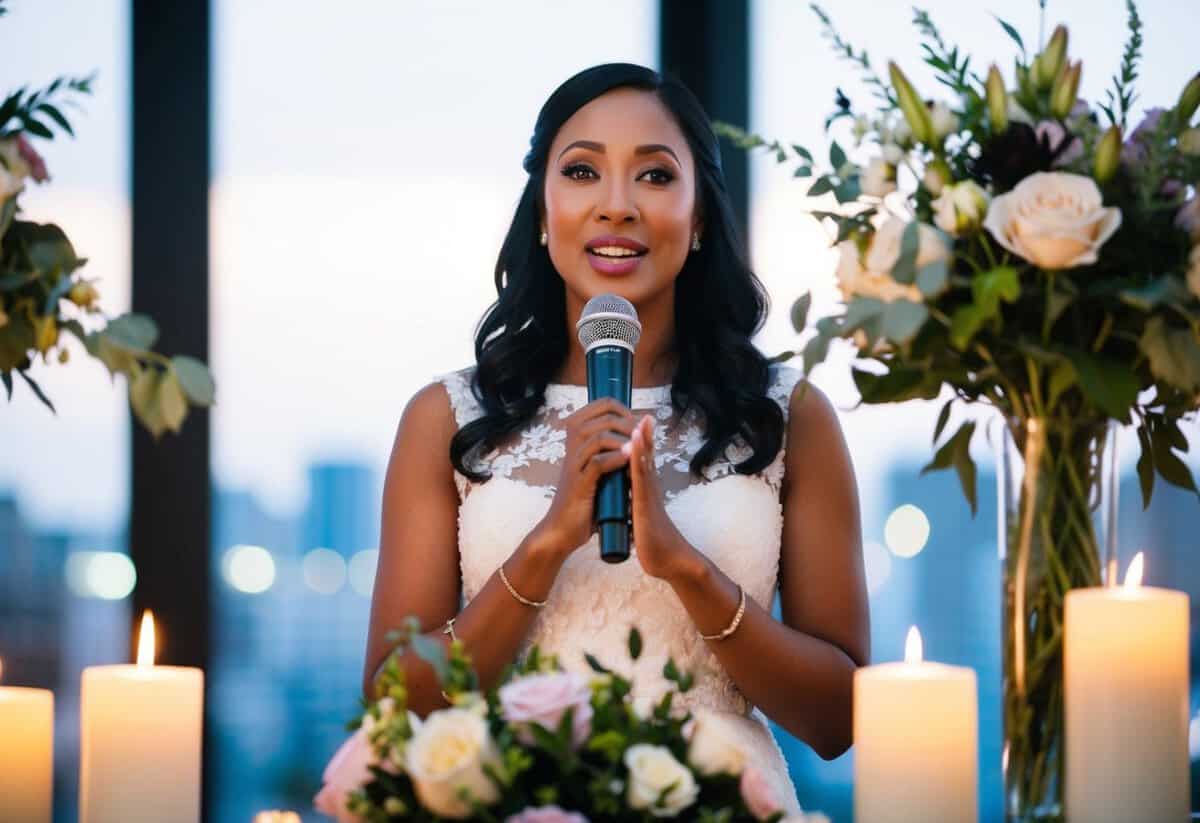 A woman standing in front of a microphone, surrounded by flowers and candles, speaking her modern wedding vows with emotion and sincerity