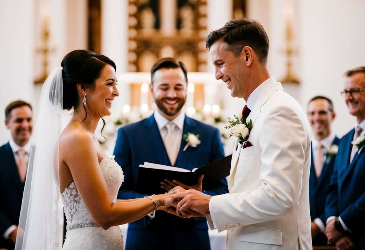 A couple standing at the altar, exchanging rings with smiles and laughter