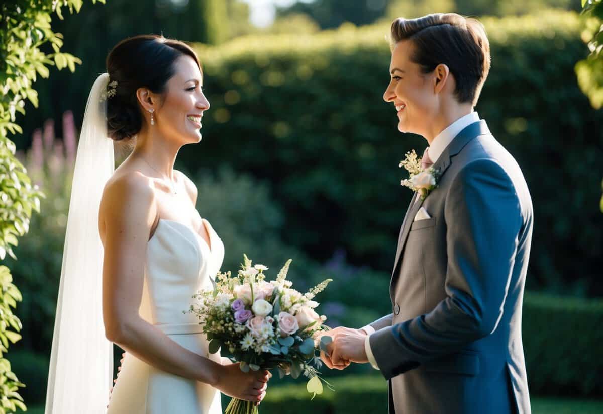 A woman standing in a lush garden, holding a bouquet of flowers, facing her partner with a serene and joyful expression as they exchange modern wedding vows