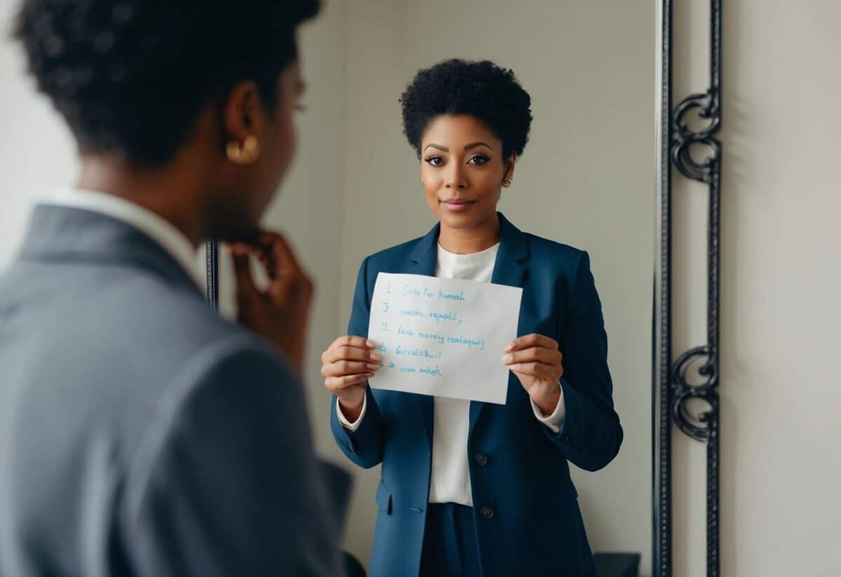 A person standing in front of a mirror with a thoughtful expression, holding a piece of paper with handwritten notes on it