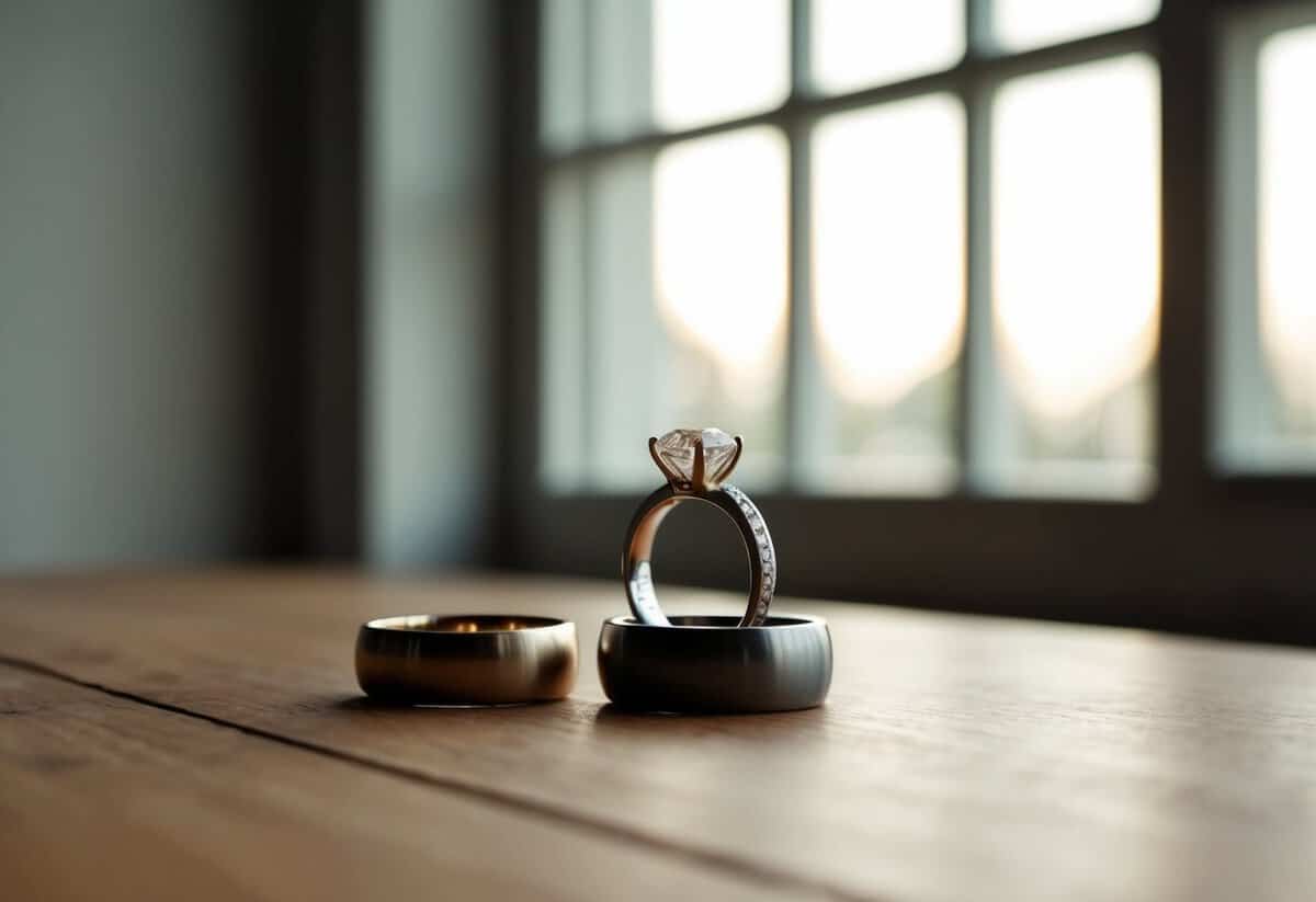 Two rings on a simple wooden table, surrounded by a soft glow from a nearby window