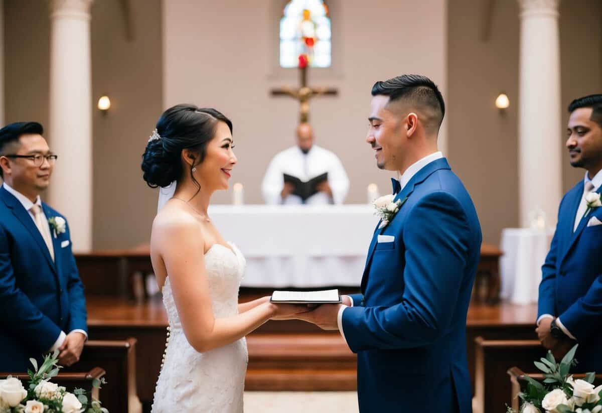 A bride and groom standing at the altar, facing each other, with a book or paper in hand, reciting their wedding vows with sincerity and emotion